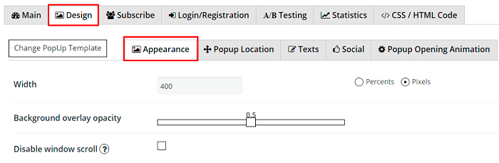 Appearance tab width opacity and scroll in WordPress Popup