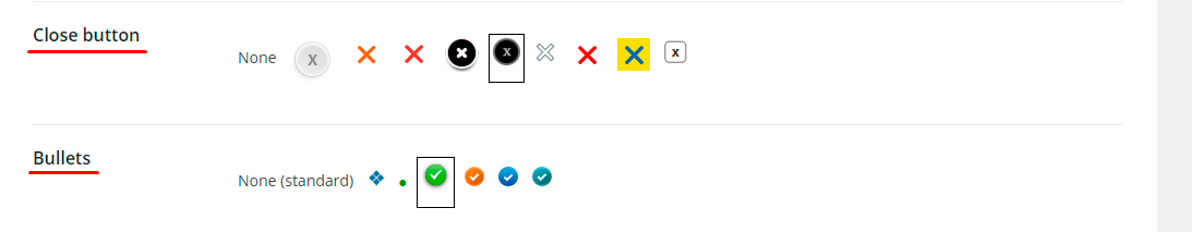 Appearance tab close button and bullets in WordPress Popup