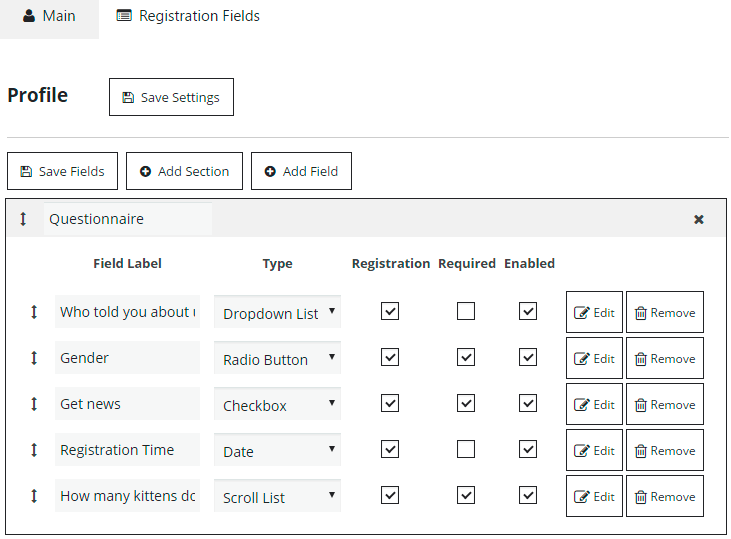 Profile Questionare Fields